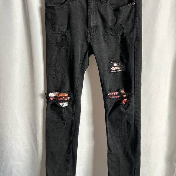 Makobi Other - 32x32 AMALFI Distressed Denim Jeans W/ UNDERLAY - Black Yellow Red Retail $180